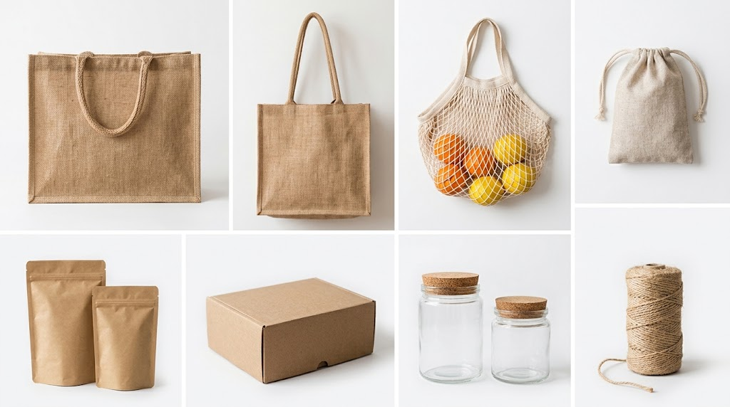 Selection of reusable bags and eco-friendly packaging offered for sourcing